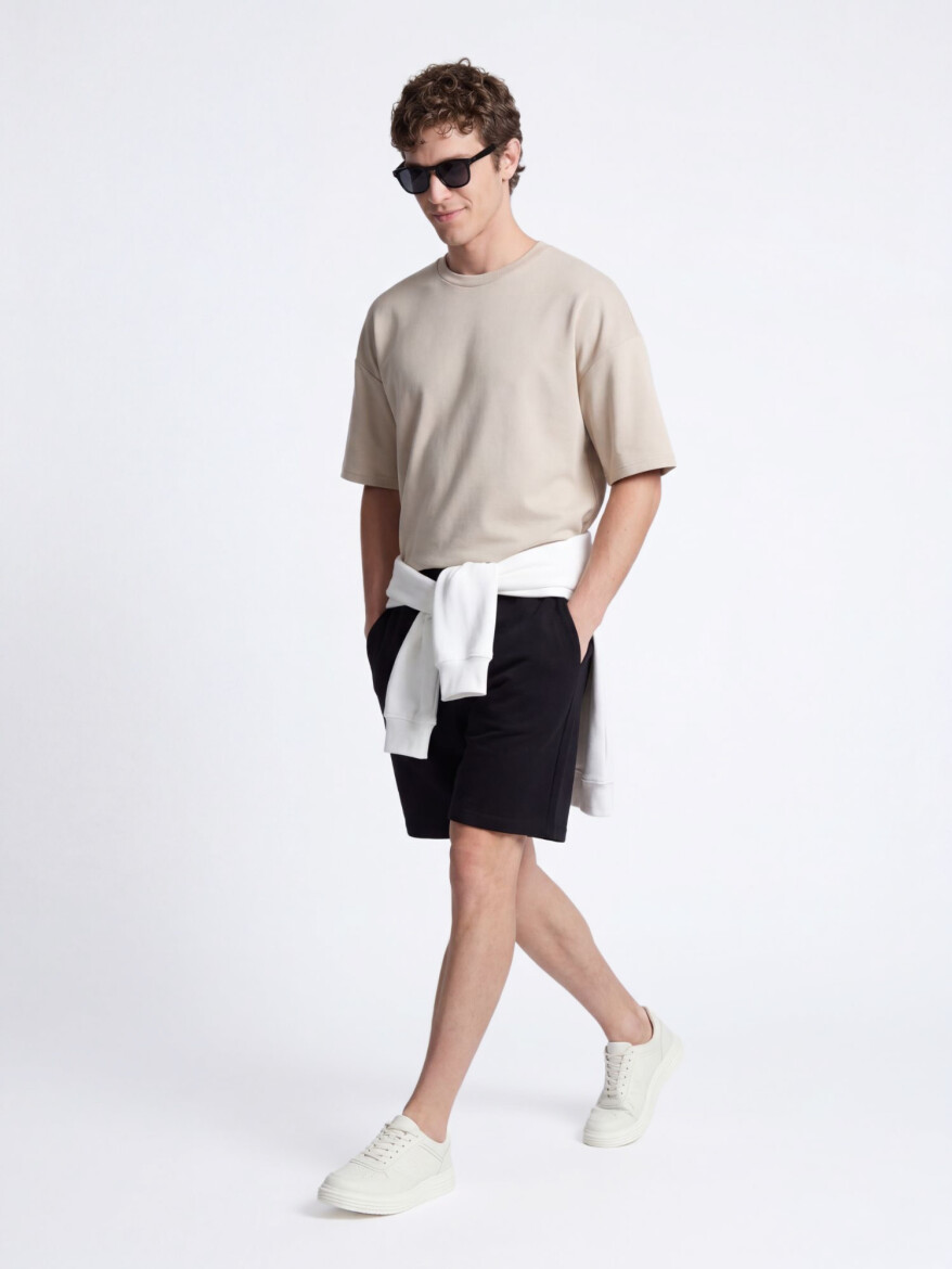 Bej Düz T-Shirt - 4