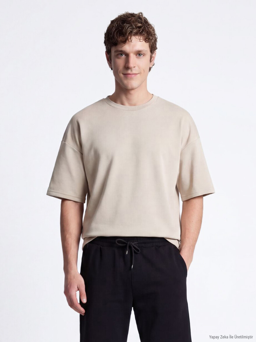 Bej Düz T-Shirt - 3