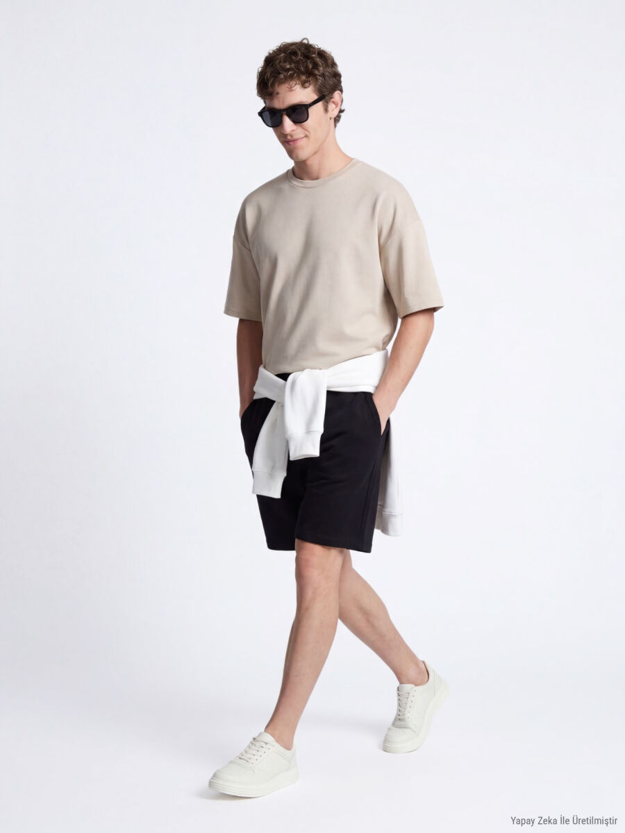 Bej Düz T-Shirt - 4