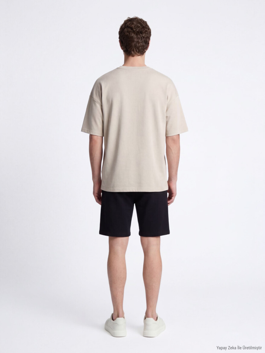 Bej Düz T-Shirt - 5