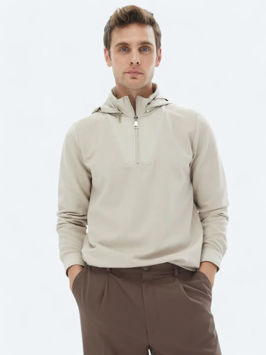 Bej Kapüşonlu Sweatshırt - 1