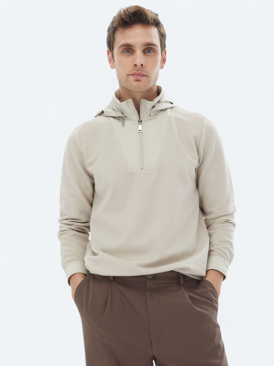 Bej Kapüşonlu Sweatshırt - 1