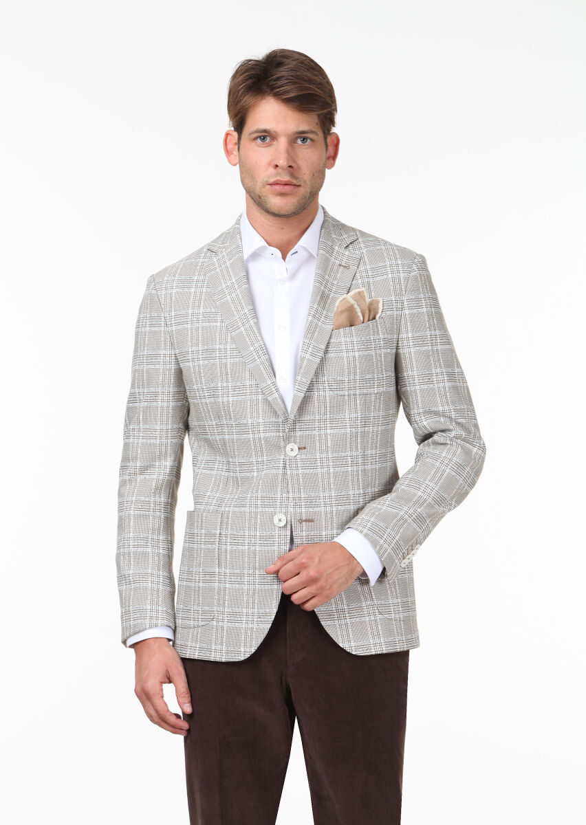 Bej Kareli Modern Fit Pamuk Karışımlı Ceket - 1