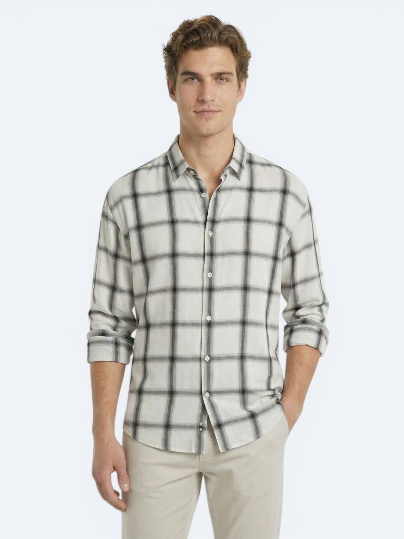 Bej Kareli Oversize Fit Uzun Dokuma Casual Gömlek