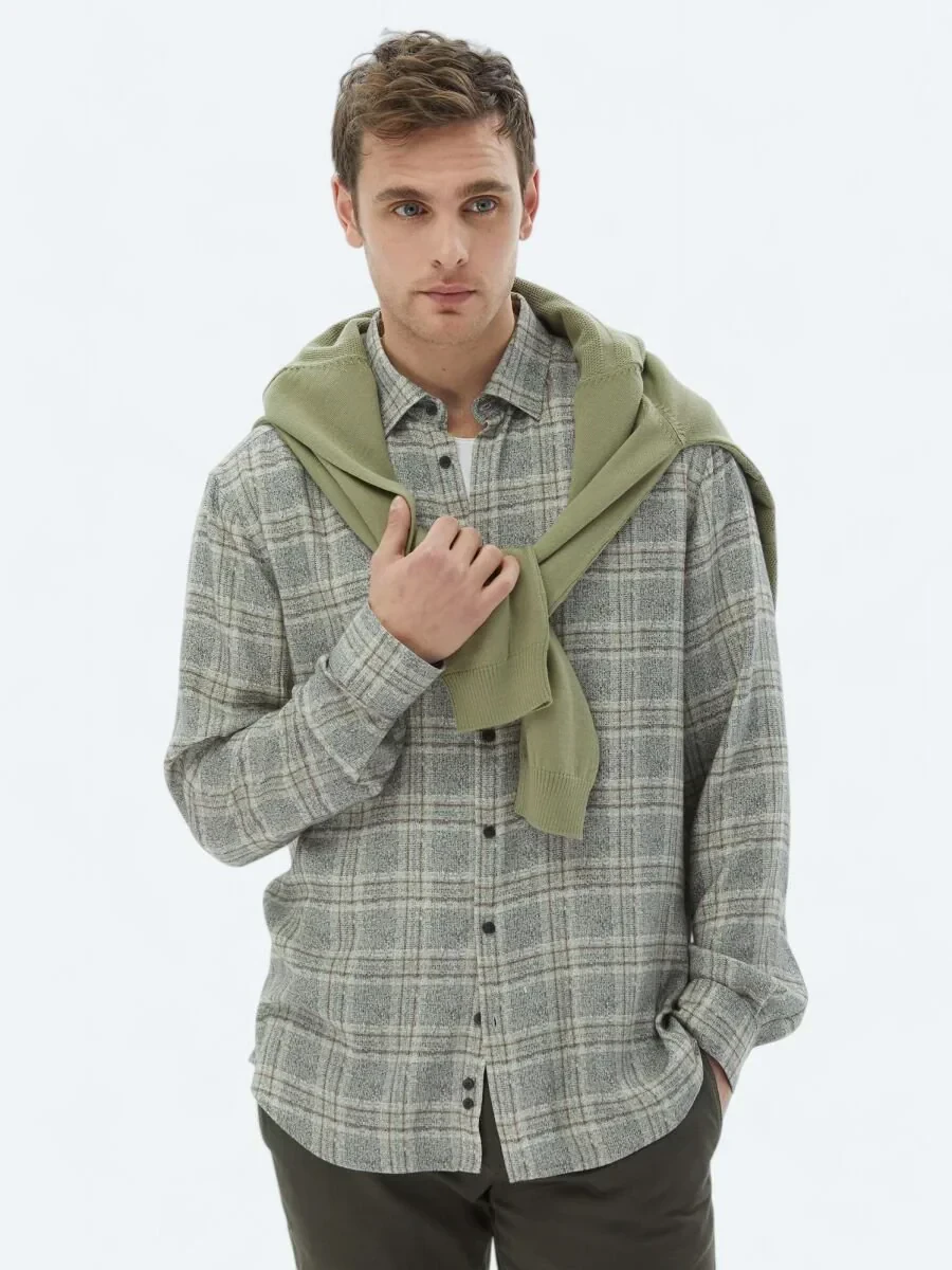 Bej Kareli Regular Fit Dokuma Casual Gömlek - 1