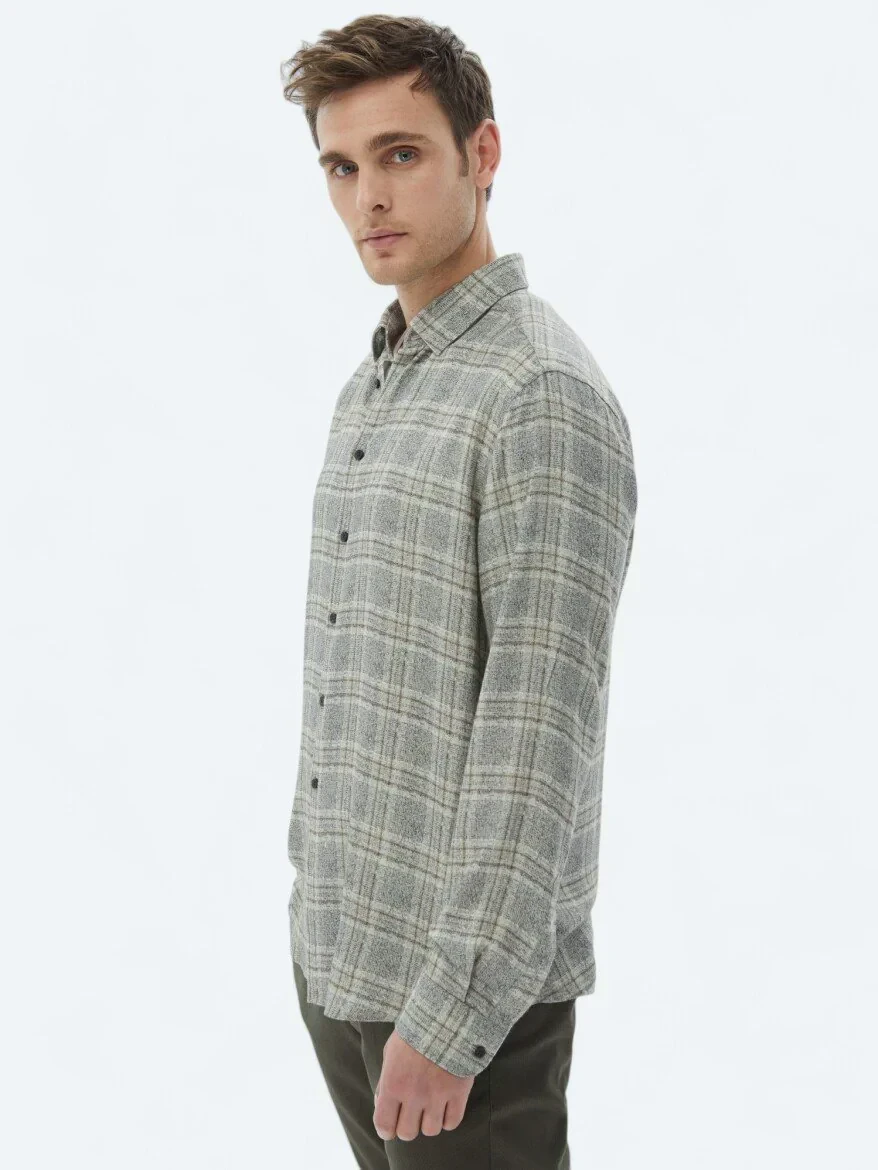 Bej Kareli Regular Fit Dokuma Casual Gömlek - 5