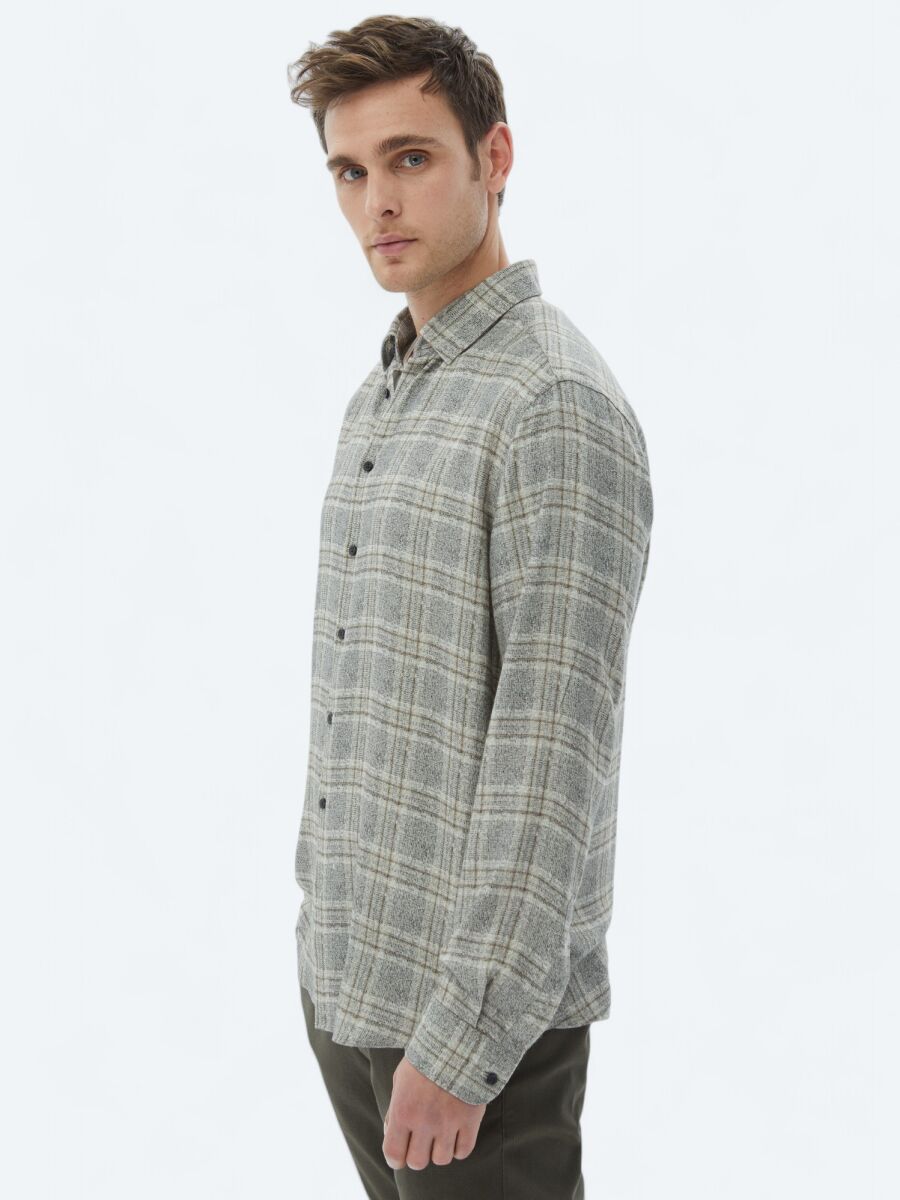 Bej Kareli Regular Fit Dokuma Casual Gömlek - 5