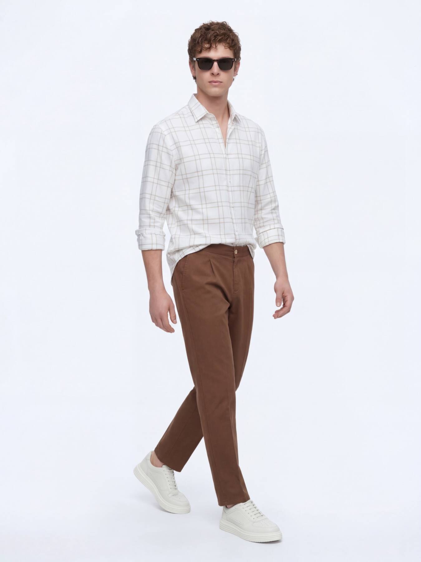 Bej Kareli Regular Fit Uzun Dokuma Casual Gömlek