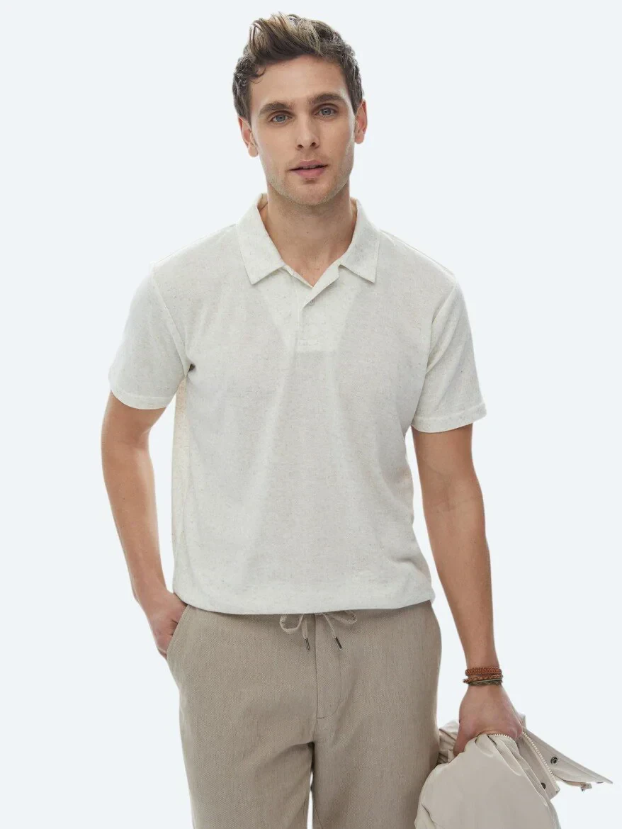 Bej Küba Yaka Keten Karışımlı T-Shirt - 1