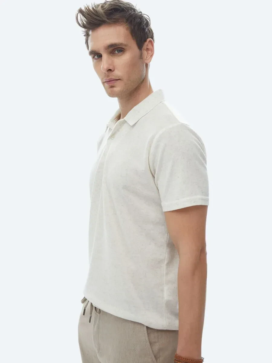 Bej Küba Yaka Keten Karışımlı T-Shirt - 2