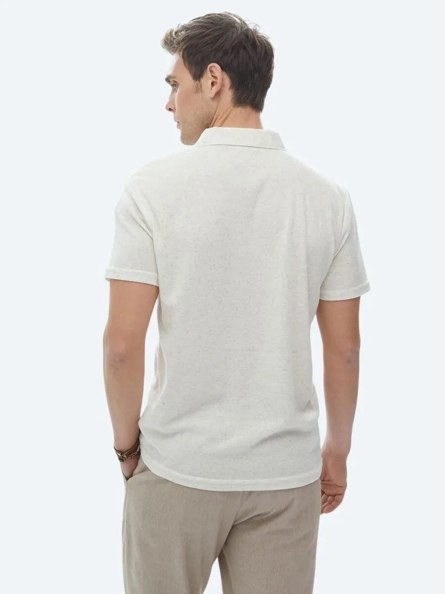 Bej Küba Yaka Keten Karışımlı T-Shirt - 6