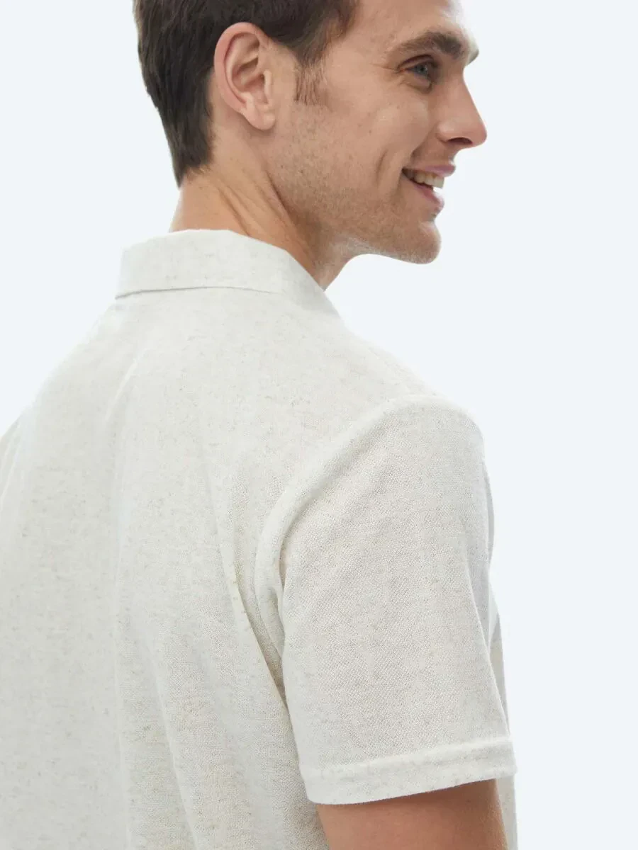 Bej Küba Yaka Keten Karışımlı T-Shirt - 7