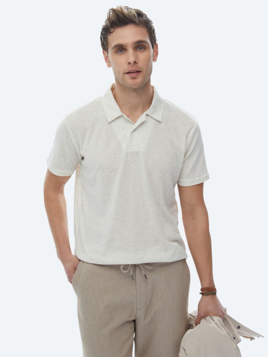 Bej Küba Yaka Keten Karışımlı T-Shirt - 1