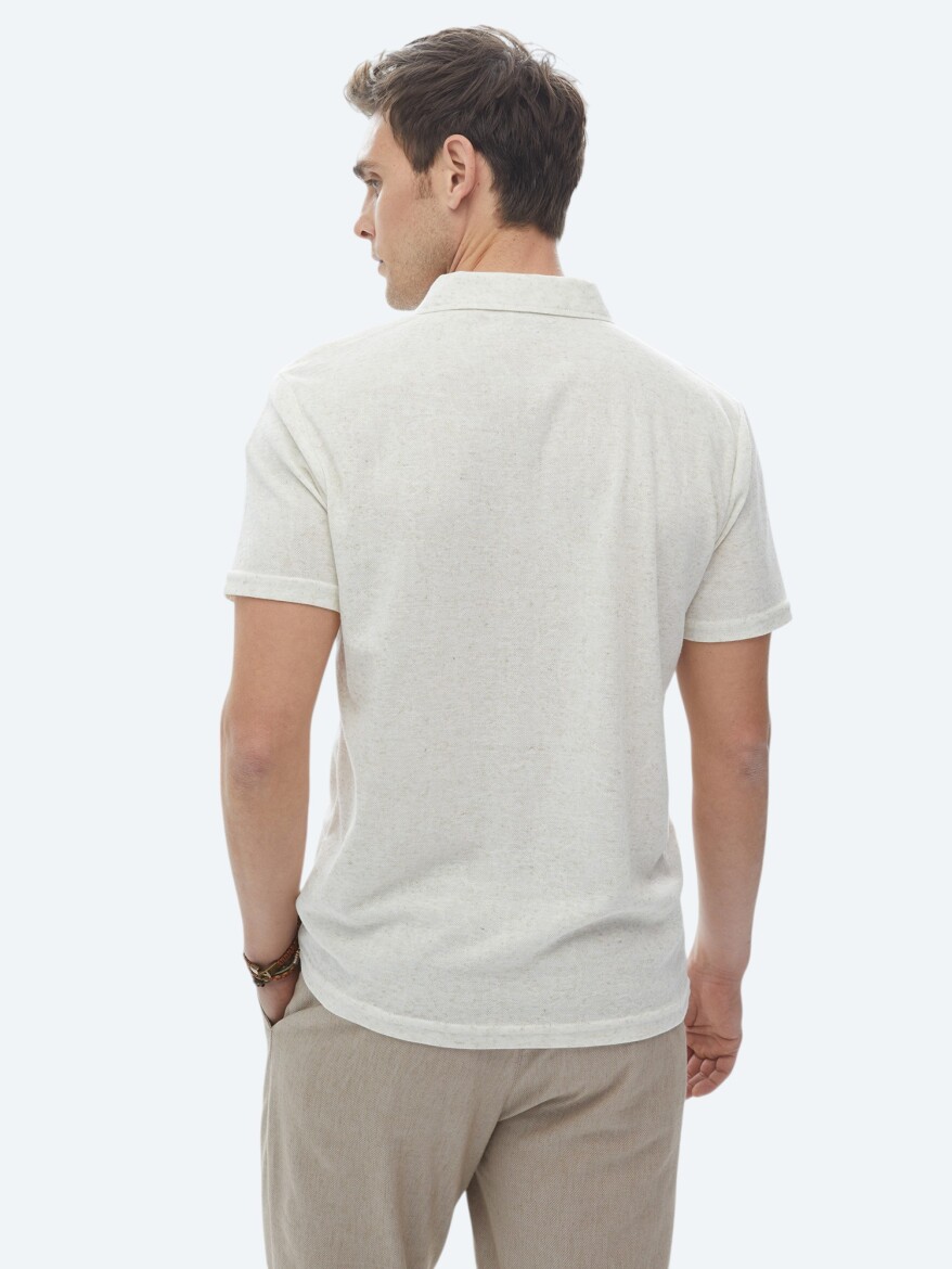Bej Küba Yaka Keten Karışımlı T-Shirt - 6