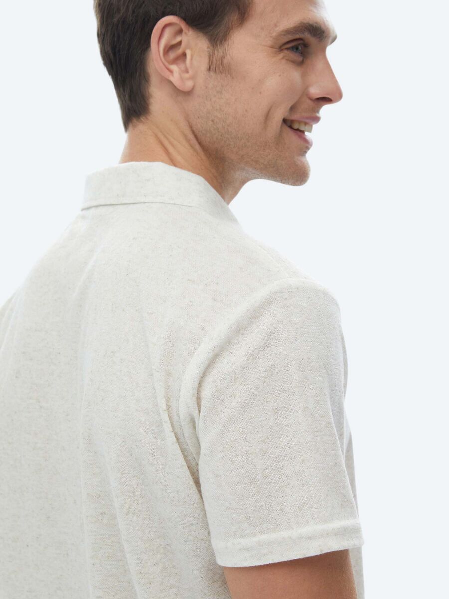 Bej Küba Yaka Keten Karışımlı T-Shirt - 7