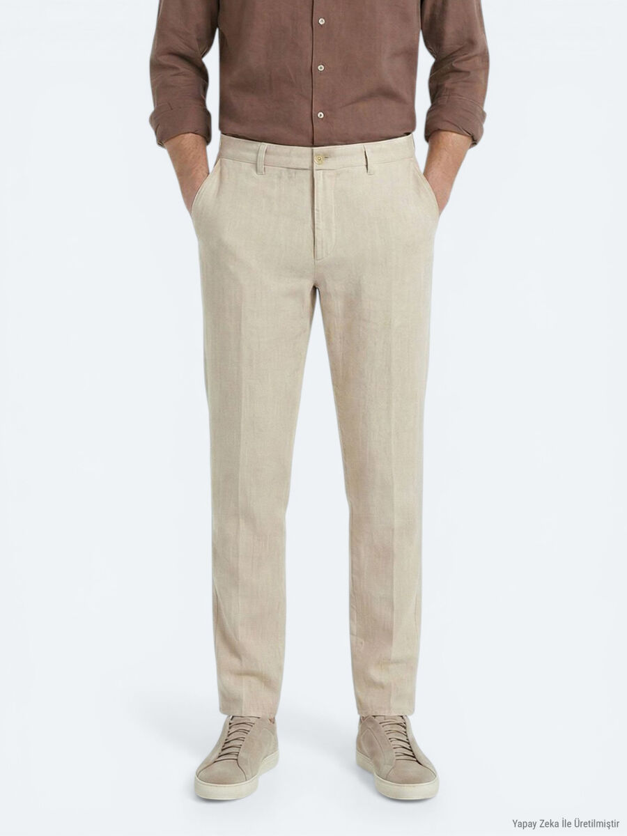 Bej Kumaş Jogging Fit Casual %100 Pamuk Pantolon - 2