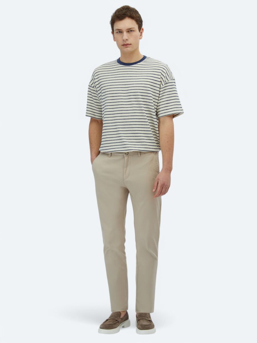 Bej Mikro Dokuma Regular Fit Casual Pamuk Karışımlı Pantolon - 1