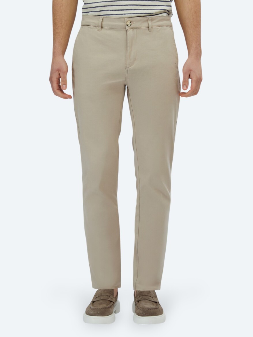 Bej Mikro Dokuma Regular Fit Casual Pamuk Karışımlı Pantolon 