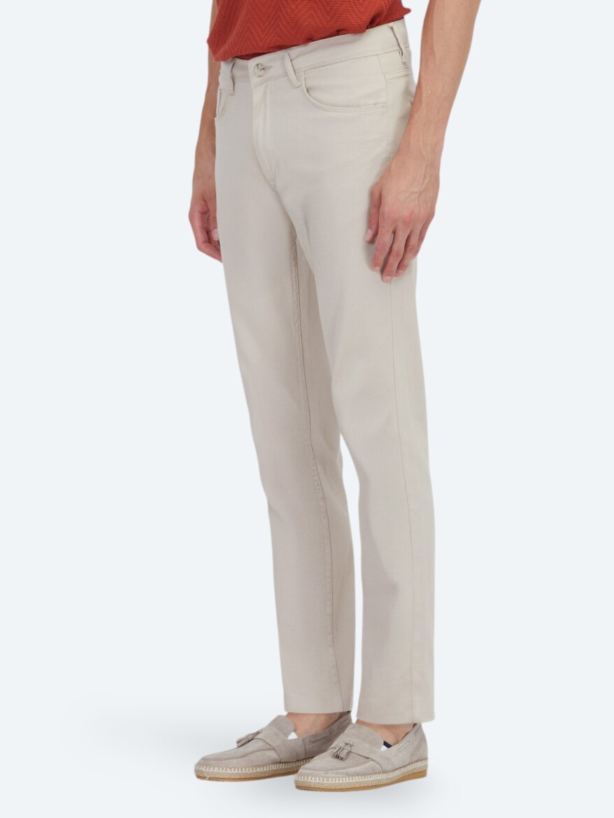 Bej Düz Dokuma Slim Fit Casual Pamuk Karışımlı Pantolon - 3