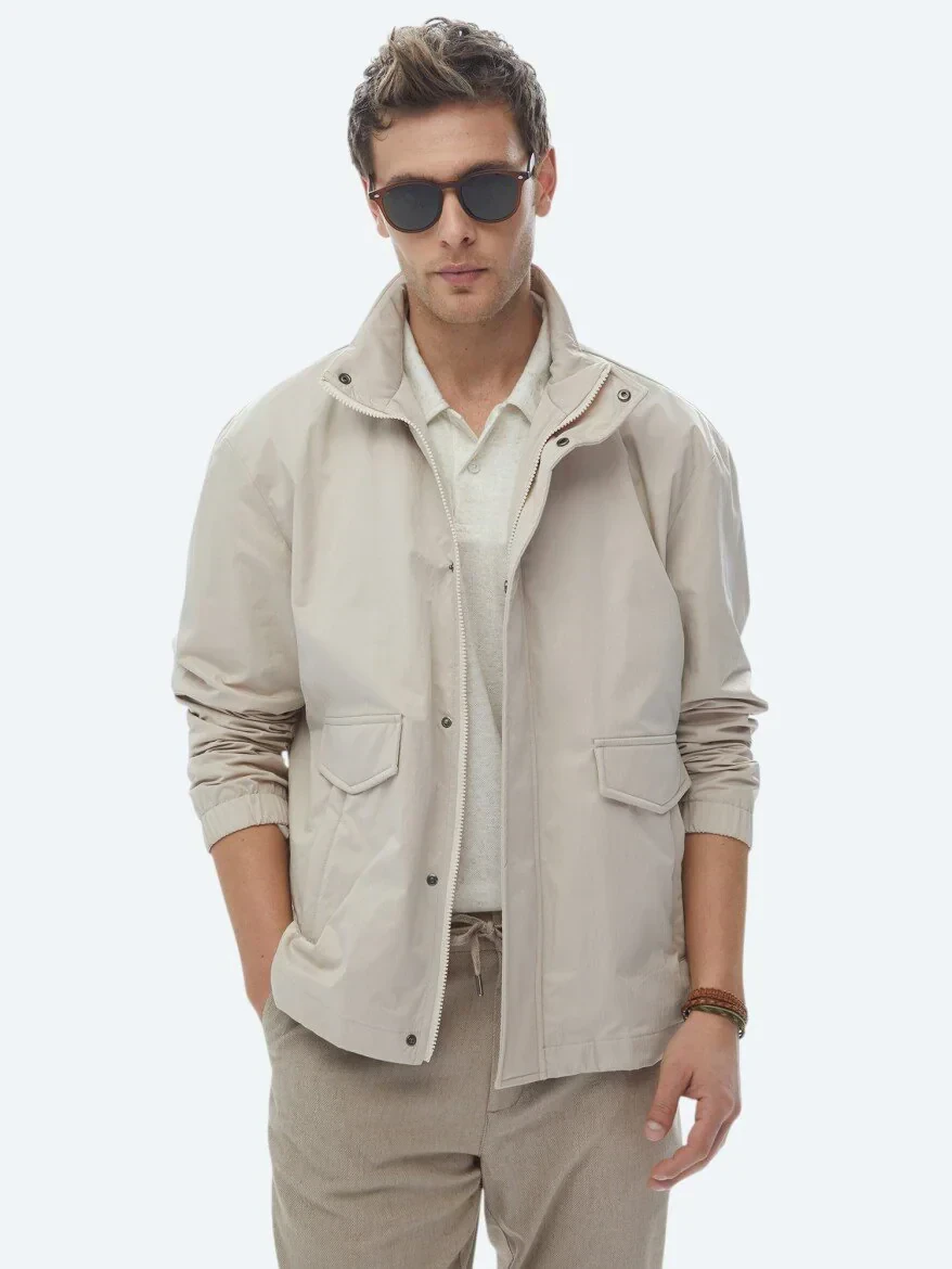 Bej Oversize Fit Dik Yaka Casual Dokuma Mont - 2