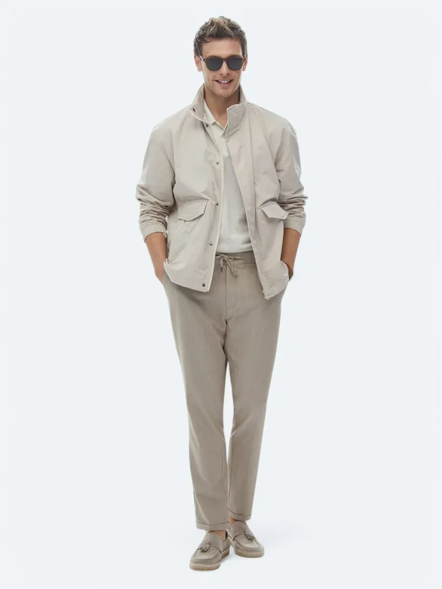 Bej Oversize Fit Dik Yaka Casual Dokuma Mont - 5