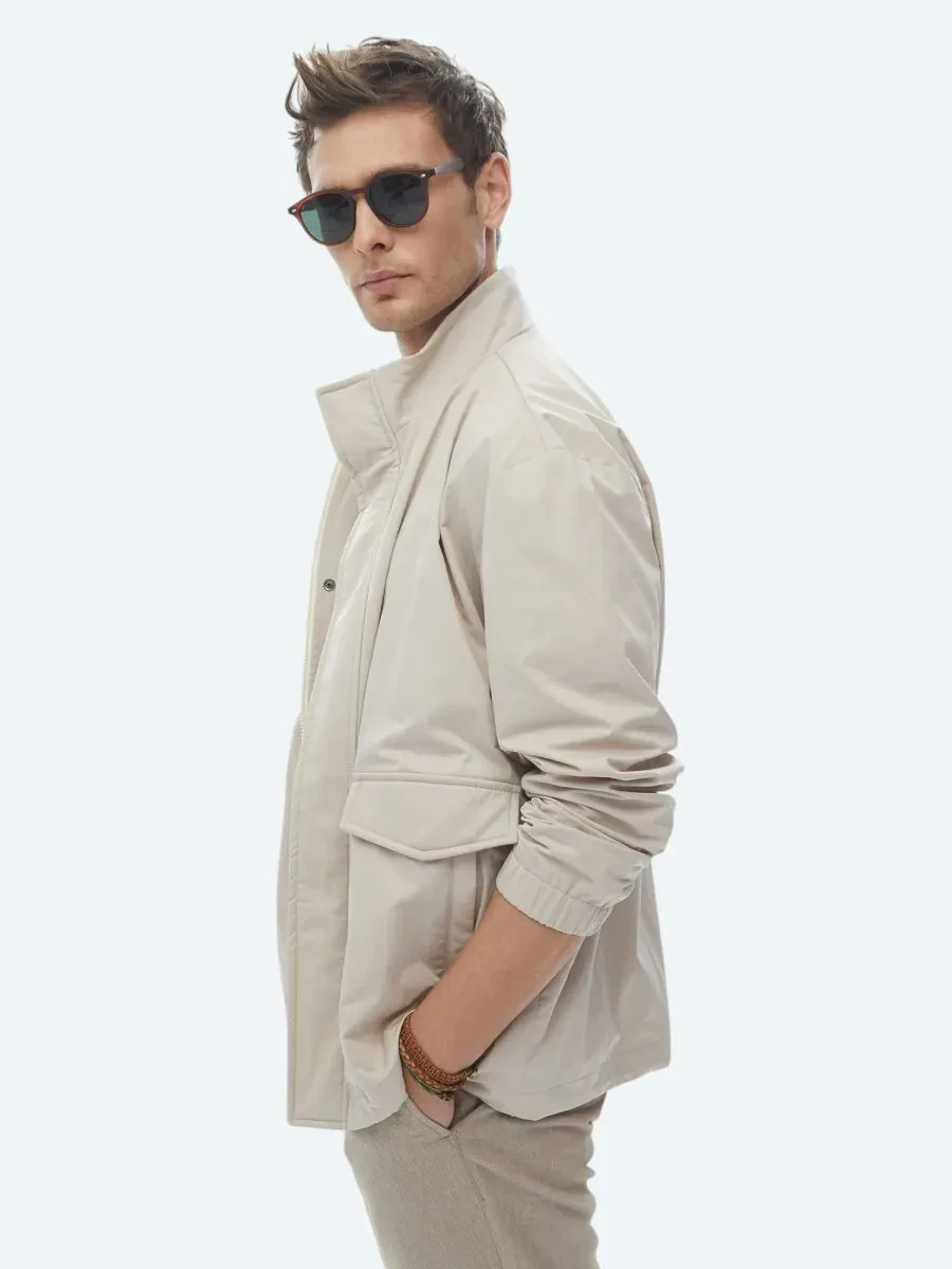 Bej Oversize Fit Dik Yaka Casual Dokuma Mont - 6