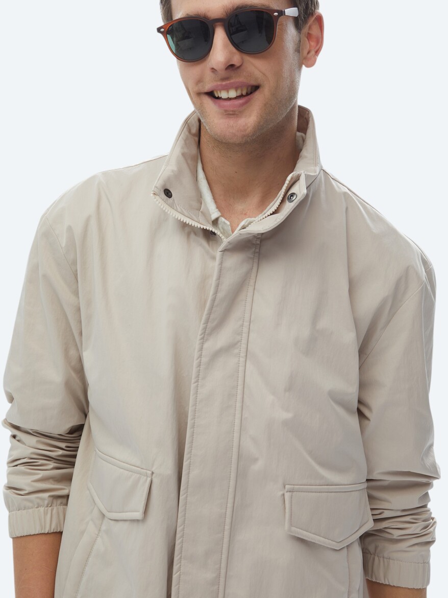 Bej Oversize Fit Dik Yaka Casual Dokuma Mont - 3