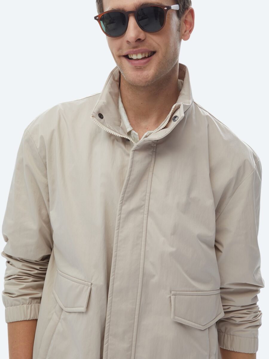 Bej Oversize Fit Dik Yaka Casual Dokuma Mont - 3