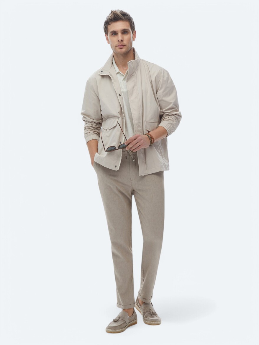 Bej Oversize Fit Dik Yaka Casual Dokuma Mont - 4