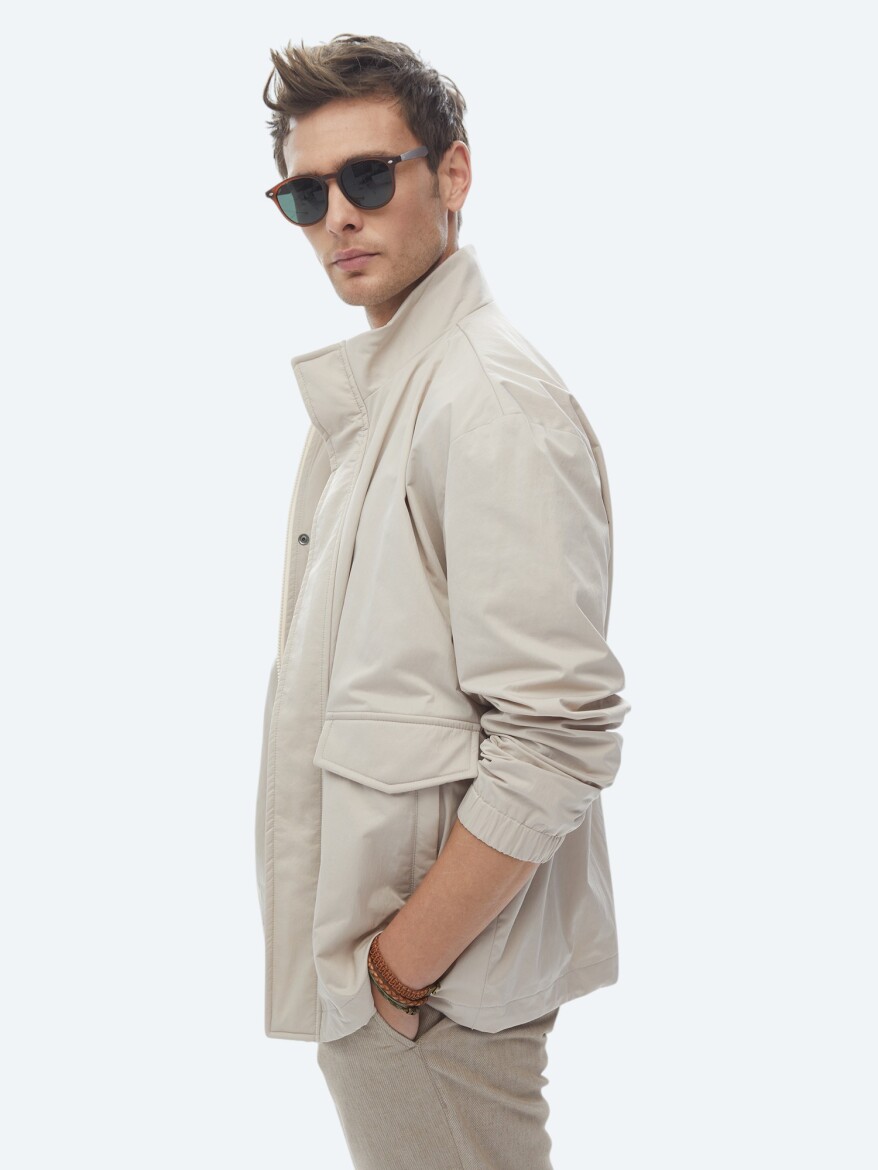 Bej Oversize Fit Dik Yaka Casual Dokuma Mont - 6