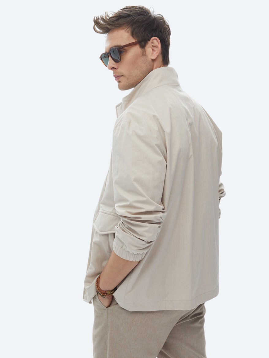 Bej Oversize Fit Dik Yaka Casual Dokuma Mont - 8