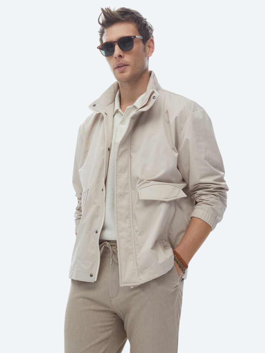 Bej Oversize Fit Dik Yaka Casual Dokuma Mont - 9