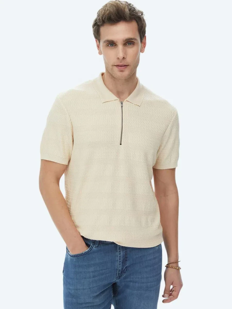 Bej Polo Yaka Jakarlı Triko - 1