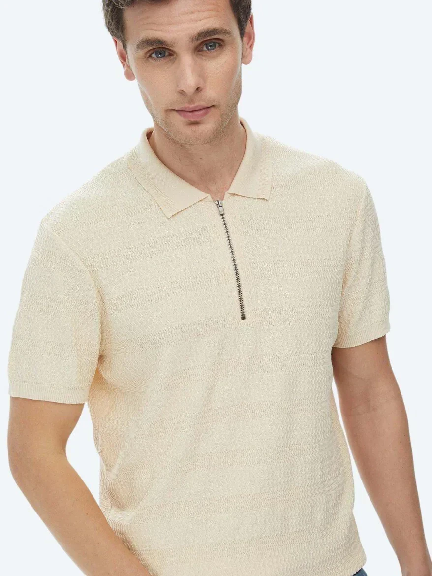 Bej Polo Yaka Jakarlı Triko - 3