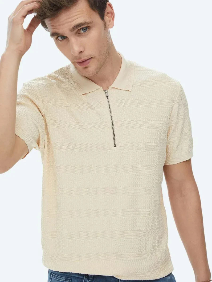 Bej Polo Yaka Jakarlı Triko - 7