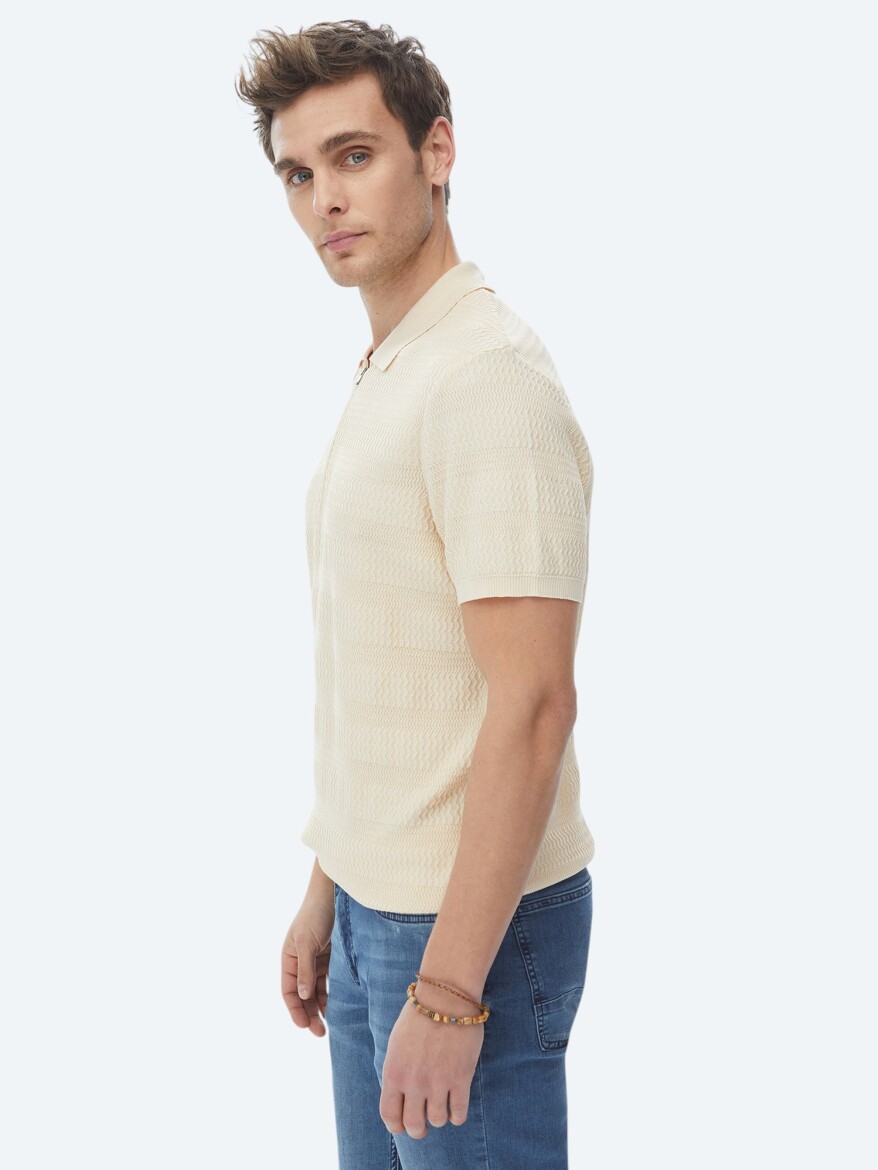 Bej Polo Yaka Jakarlı Triko - 6