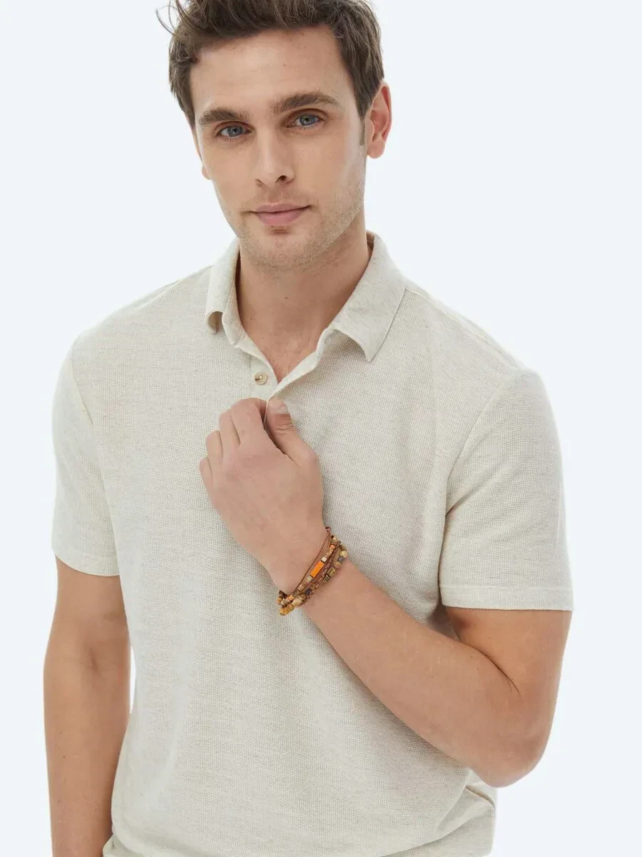 Bej Polo Yaka Keten Karışımlı T-Shirt - 4