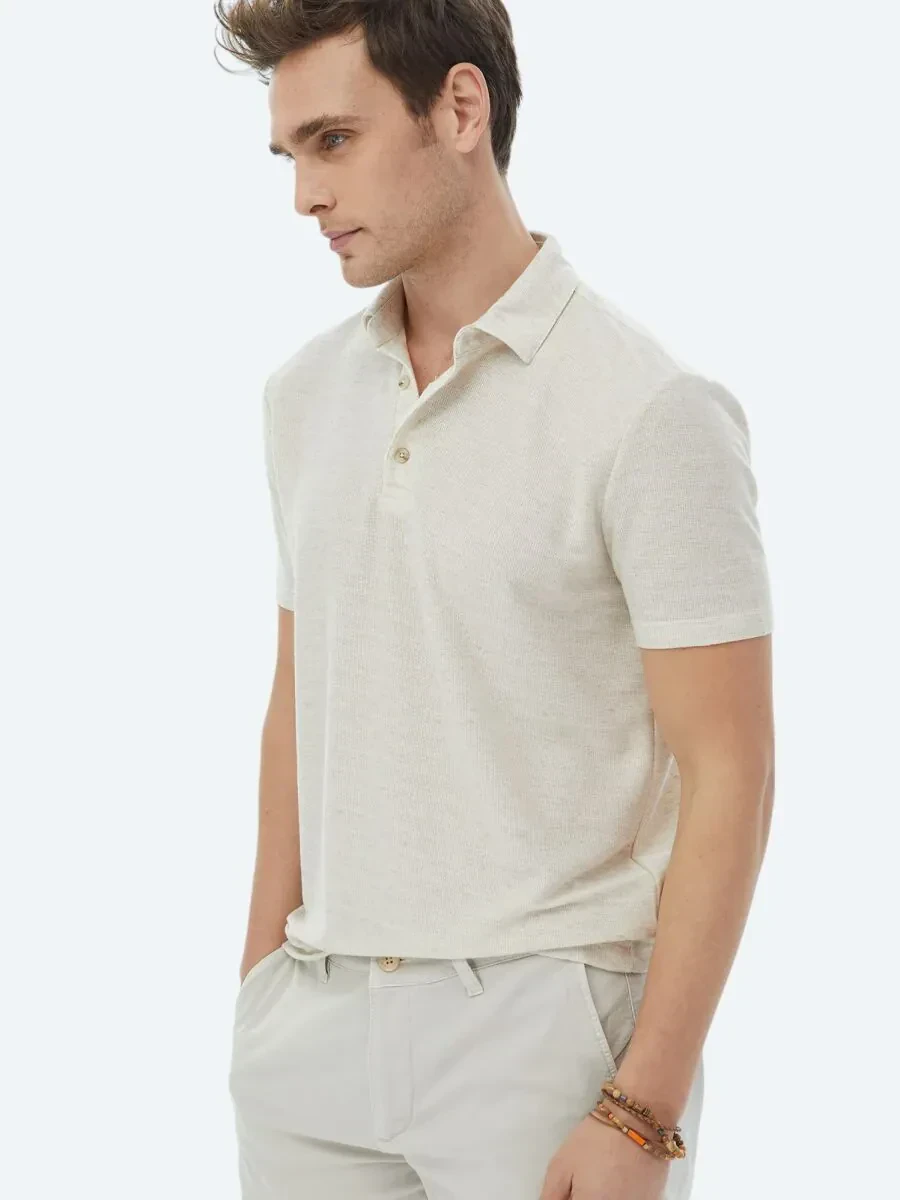 Bej Polo Yaka Keten Karışımlı T-Shirt - 5