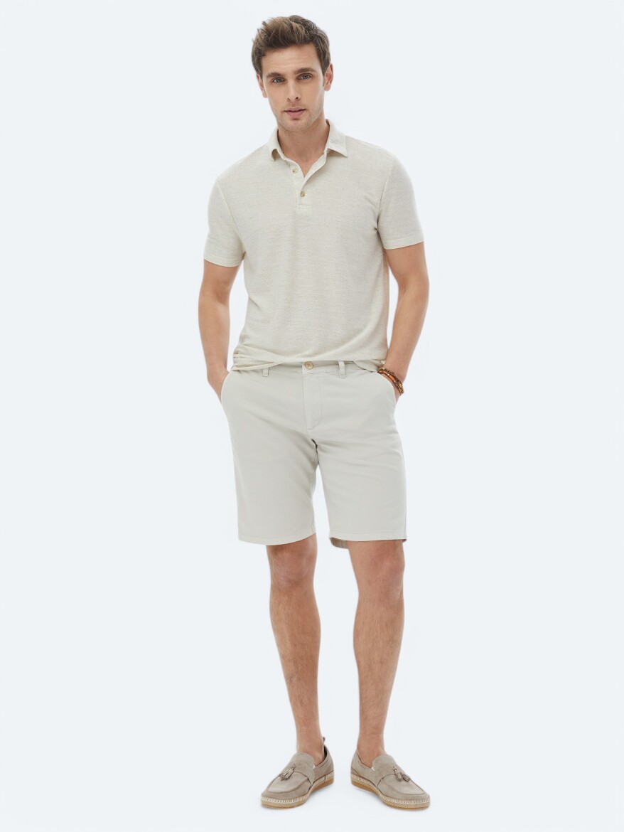 Bej Polo Yaka Keten Karışımlı T-Shirt - 2