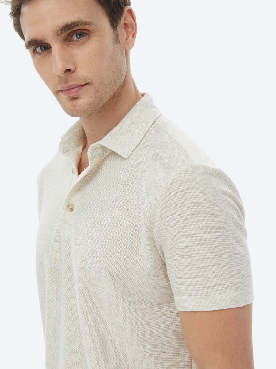 Bej Polo Yaka Keten Karışımlı T-Shirt - 6