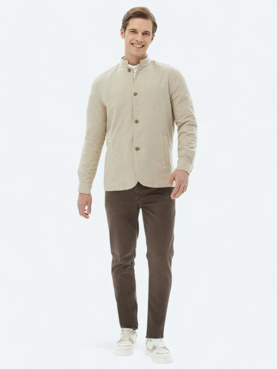 Bej Regular Fit Dik Yaka Casual Dokuma Mont - 3