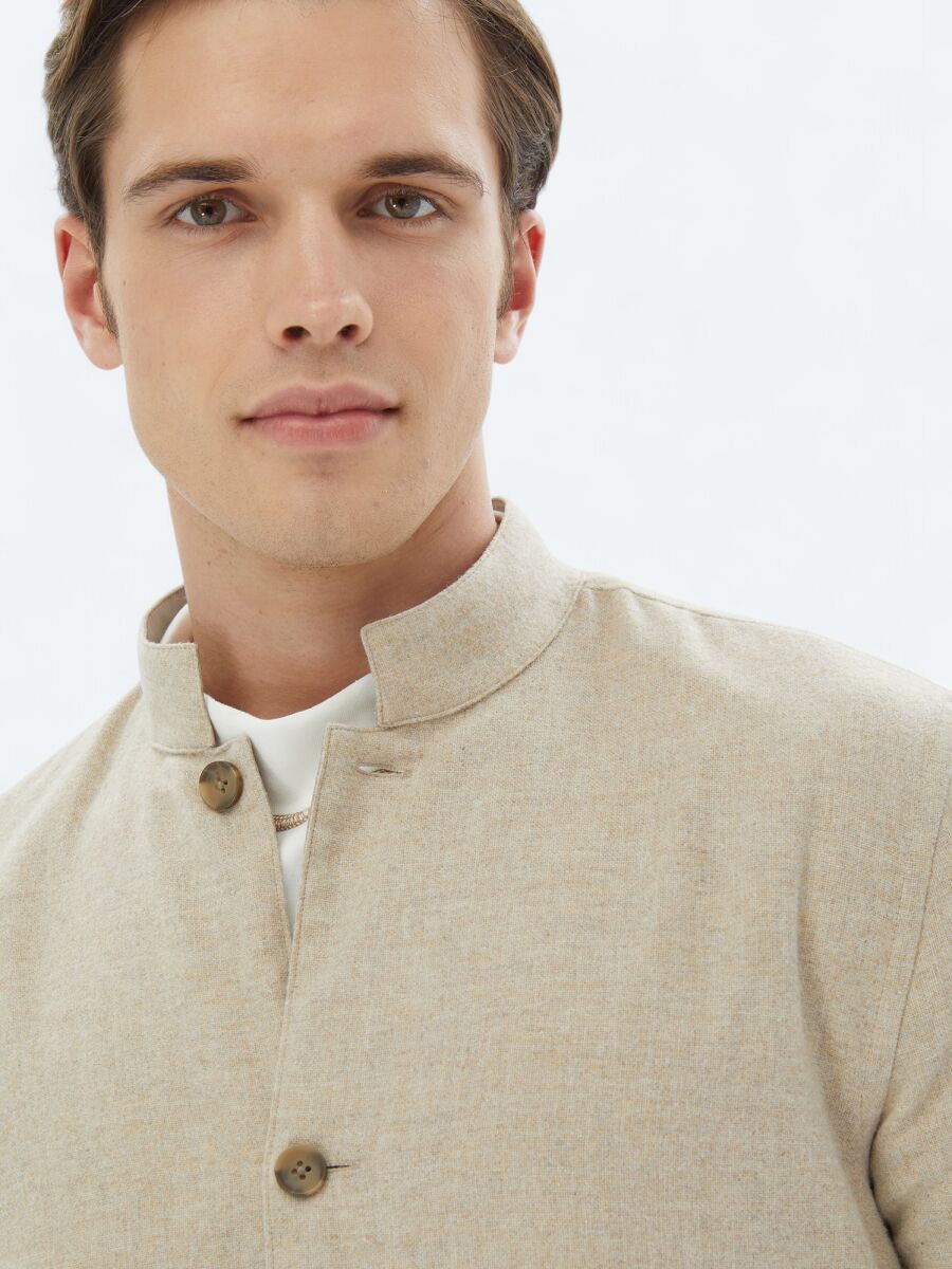 Bej Regular Fit Dik Yaka Casual Dokuma Mont - 5