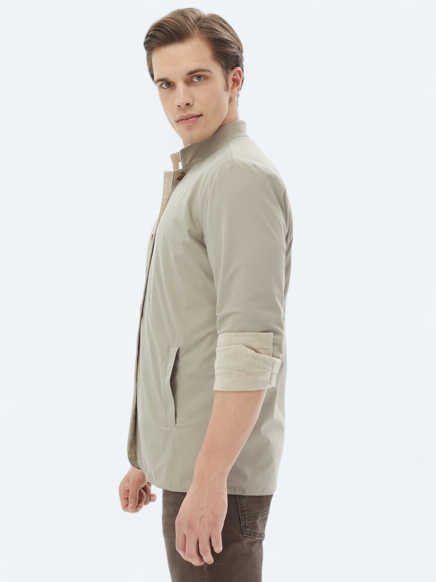 Bej Regular Fit Dik Yaka Casual Dokuma Mont - 8