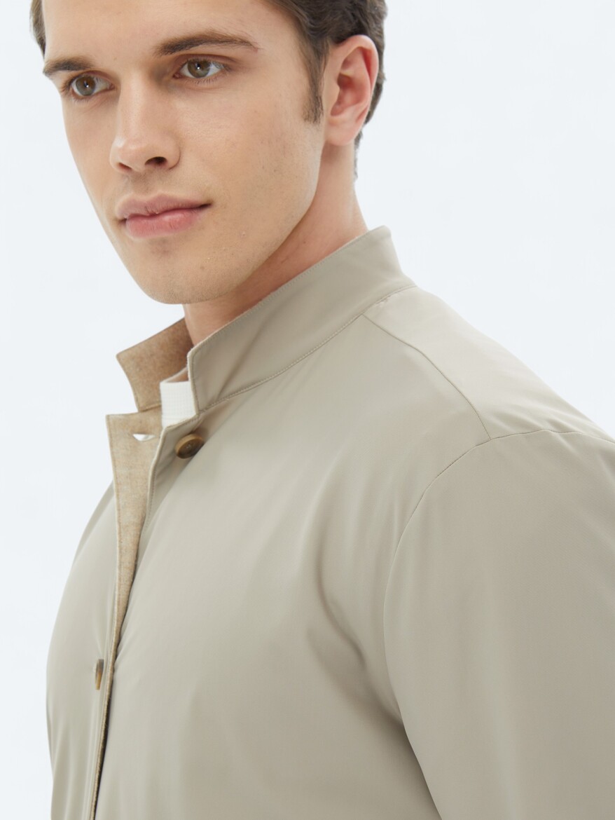 Bej Regular Fit Dik Yaka Casual Dokuma Mont - 10