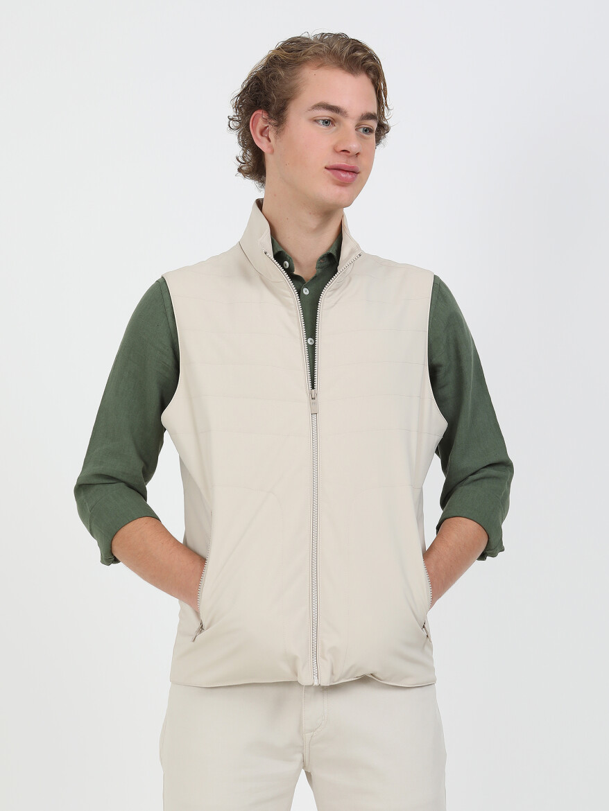 Bej Regular Fit Dik Yaka Casual Dokuma Spor Yelek - 2