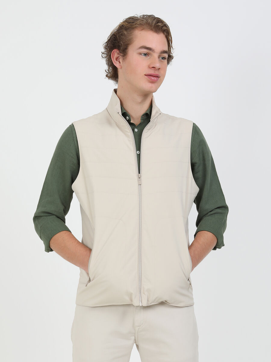 Bej Regular Fit Dik Yaka Casual Dokuma Spor Yelek - 2