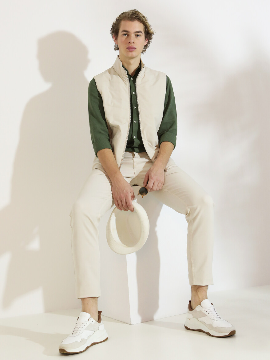 Bej Regular Fit Dik Yaka Casual Dokuma Spor Yelek - 5