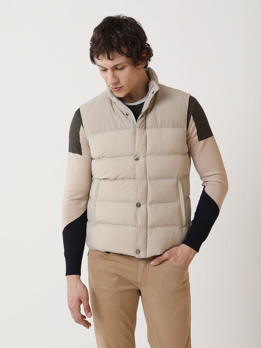 Bej Regular Fit Dik Yaka Casual Dokuma Spor Yelek - 3