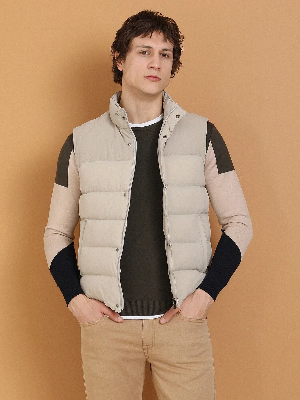 Bej Regular Fit Dik Yaka Casual Dokuma Spor Yelek - 1