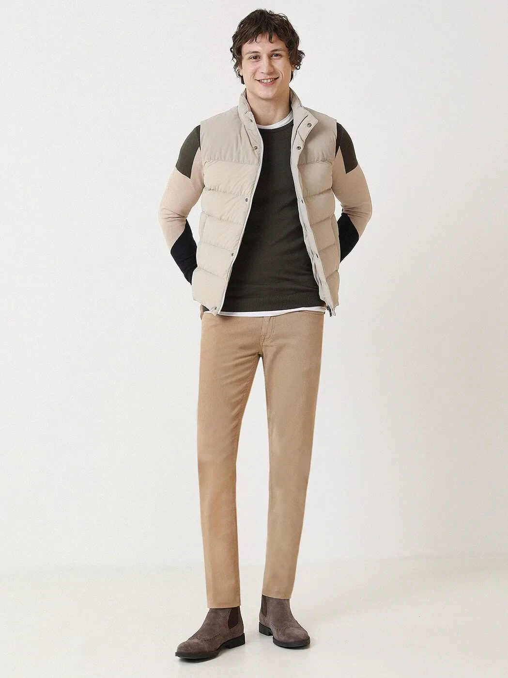 Bej Regular Fit Dik Yaka Casual Dokuma Spor Yelek - 4